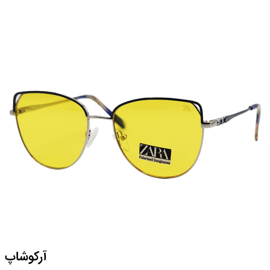 عینک شب زنانه ZARA با فریم نقره ای و آبی، شکل پروانه ای، لنز زرد رنگ و لولا فنری مدل XC62019
