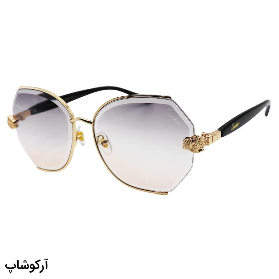 عینک آفتابی زنانه Cartier با فریم طلایی، دسته مشکی و عدسی دو رنگ سایه روشن مدل 2538