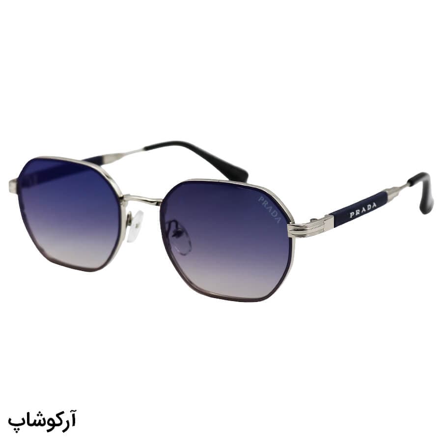 عینک آفتابی پرادا با فریم شکل چندضلعی، رنگ نقره‌ای، عدسی دودی سایه روشن و آنتی رفلکس مدل 0548