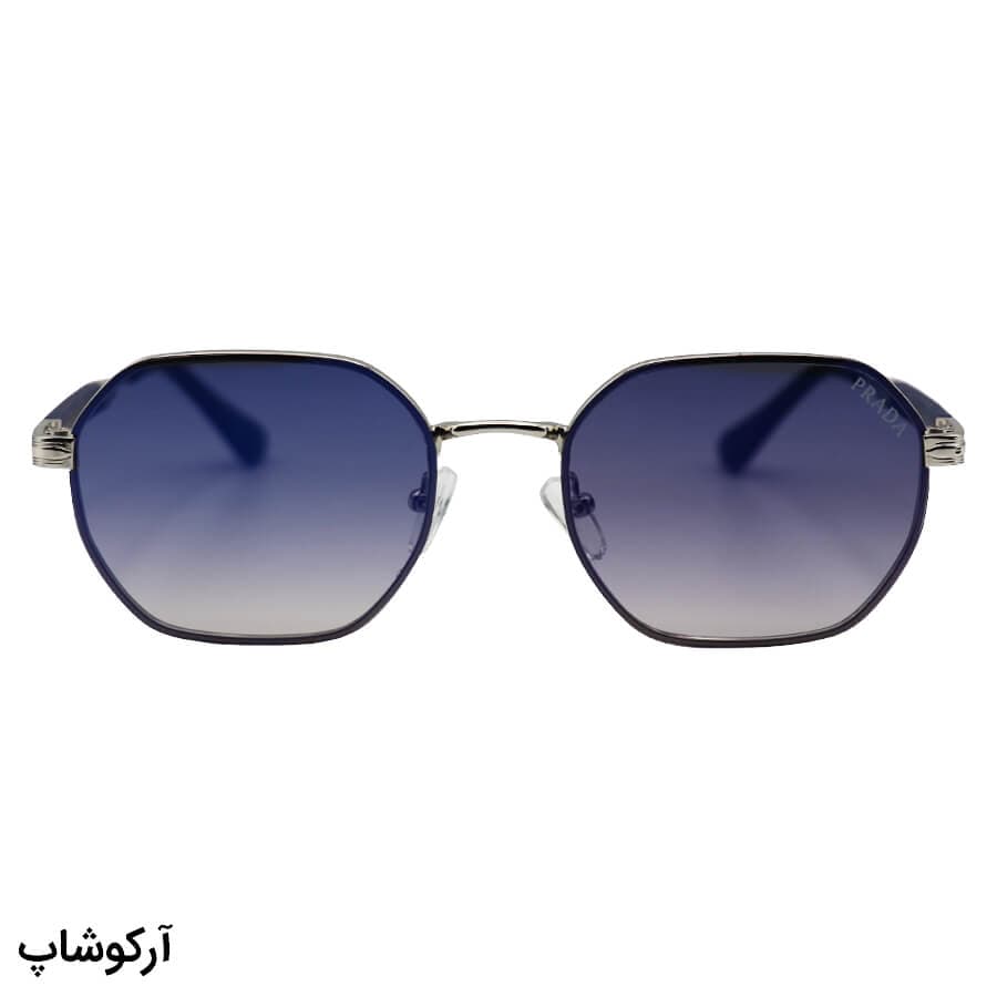 عینک آفتابی پرادا با فریم شکل چندضلعی، رنگ نقره‌ای، عدسی دودی سایه روشن و آنتی رفلکس مدل 0548 — تصویر ۳