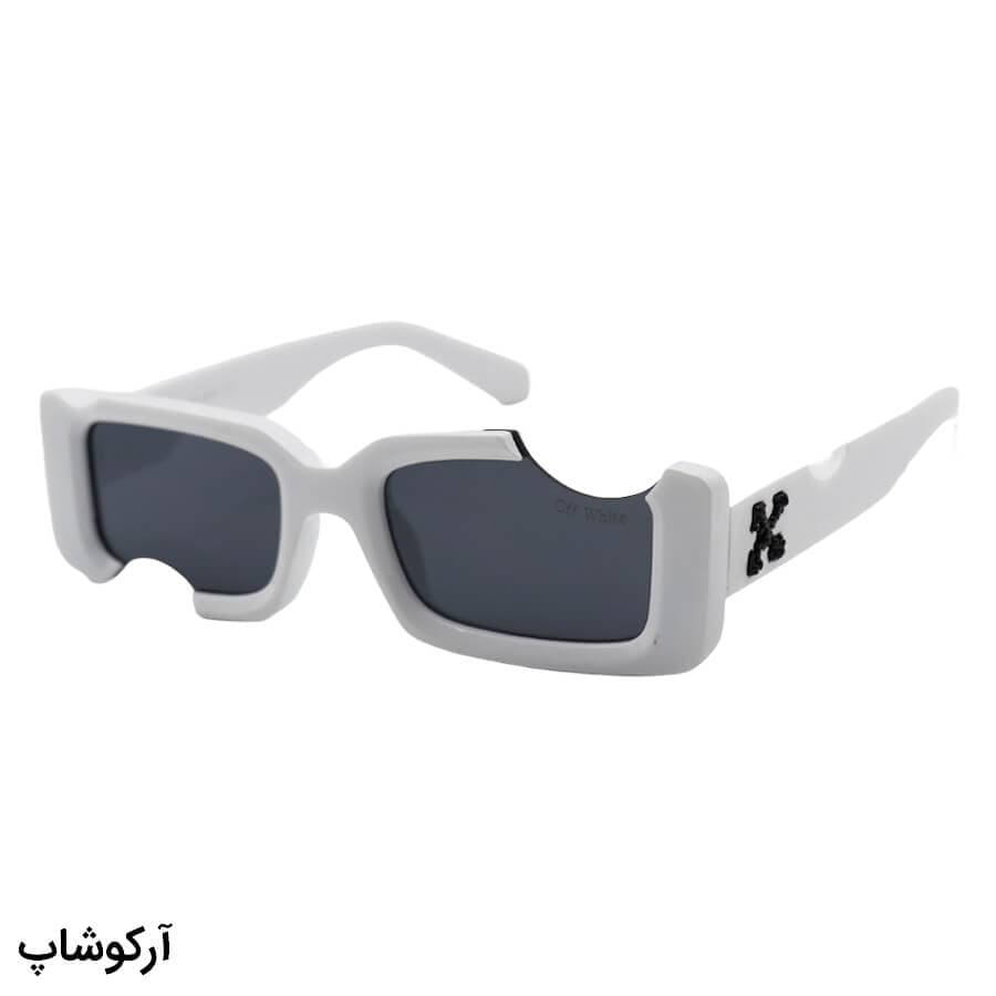 عینک آفتابی فانتزی آف وایت با فریم مستطیلی، رنگ سفید و لنز دودی تیره و طرح گاز زده مدل 22030
