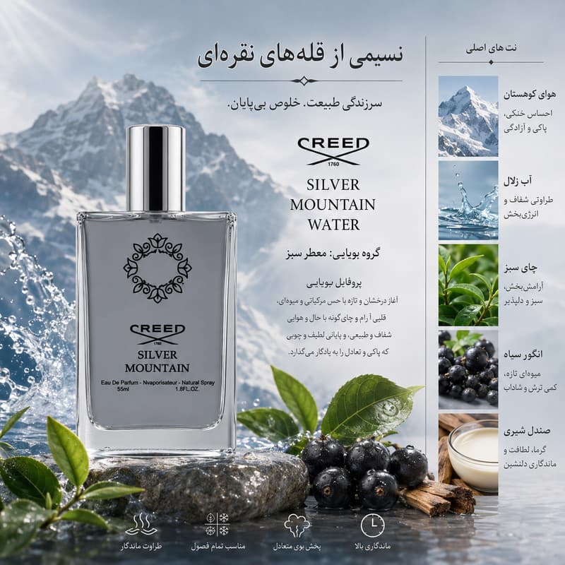 ادو پرفیوم مردانه هارلینگن مدل کرید سیلور مانتین واتر با رایحه خنک حجم 55 میلی لیتر — تصویر ۲