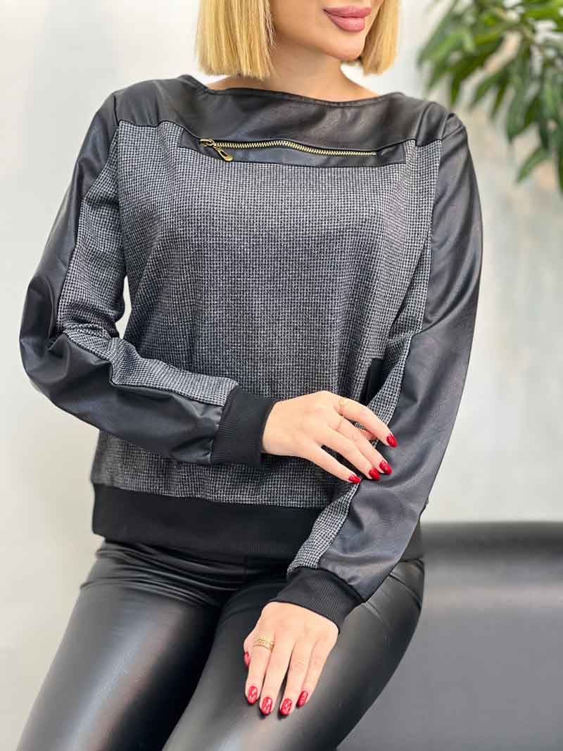 بلوز ترکیبی چرم دار جلو زیپ کد 3666 — تصویر ۲