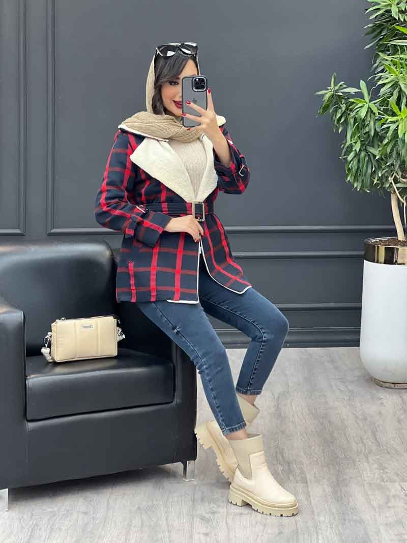 پالتو چهارخونه یقه خز کد 4009 — تصویر ۵