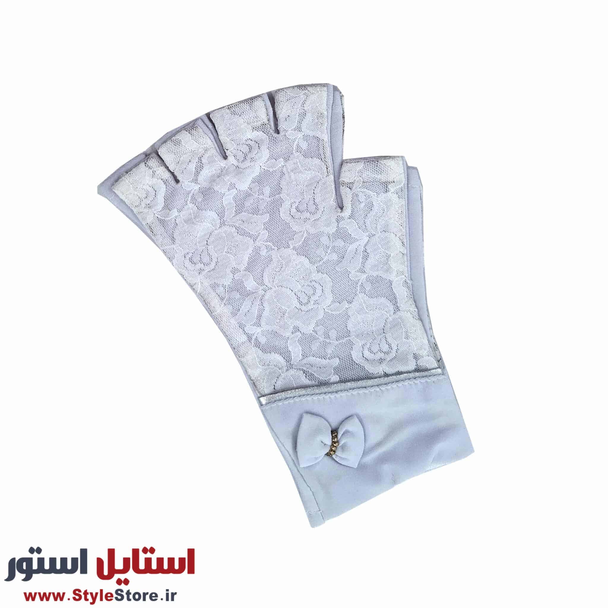 دستکش زنانه سیلکا مدل نیم انگشت گیپور رنگ سفید — تصویر ۳