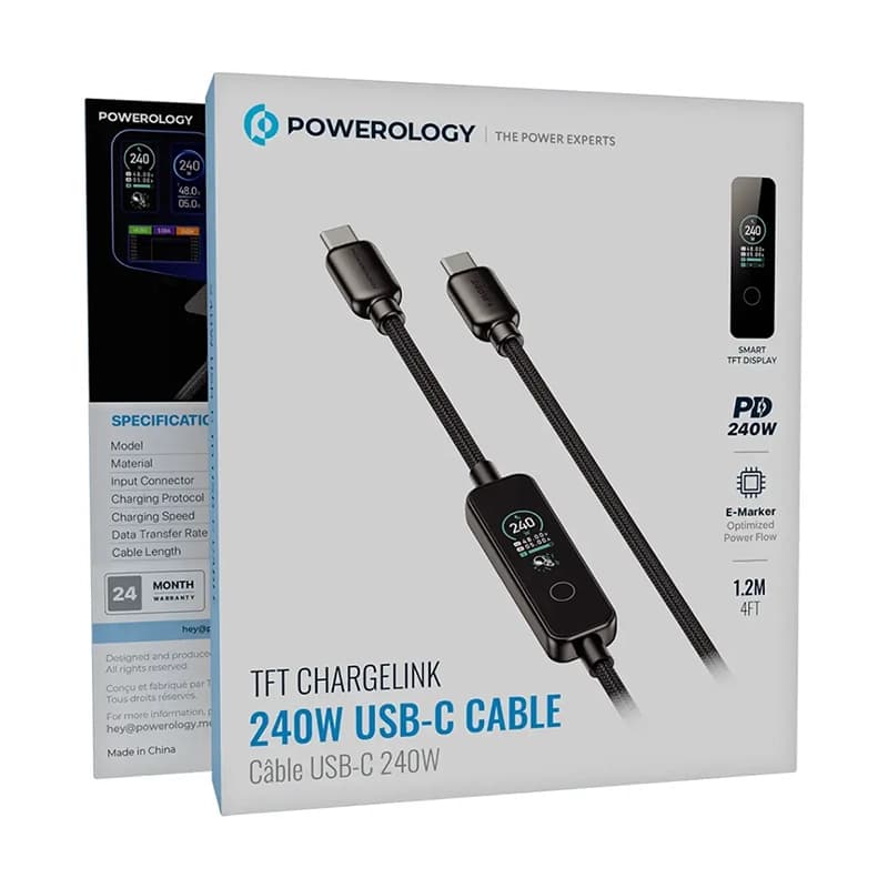 کابل 1.2 متر USB C به USB C پاورولوژی Powerology TFT Chargelink 240W USB-C Cable PCABCM0121BK — تصویر ۲