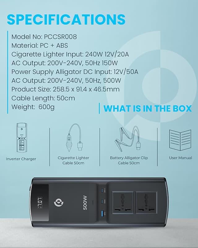 اینورتر خودرو 500 وات پاورولوژی Powerology 500W Car Inverter PCCSR008-BK — تصویر ۵