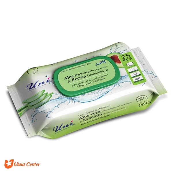 دستمال مرطوب پاک کننده آرایش یونی لد حاوی عصاره آلوئه ورا و روغن آووکادو 25 برگی
