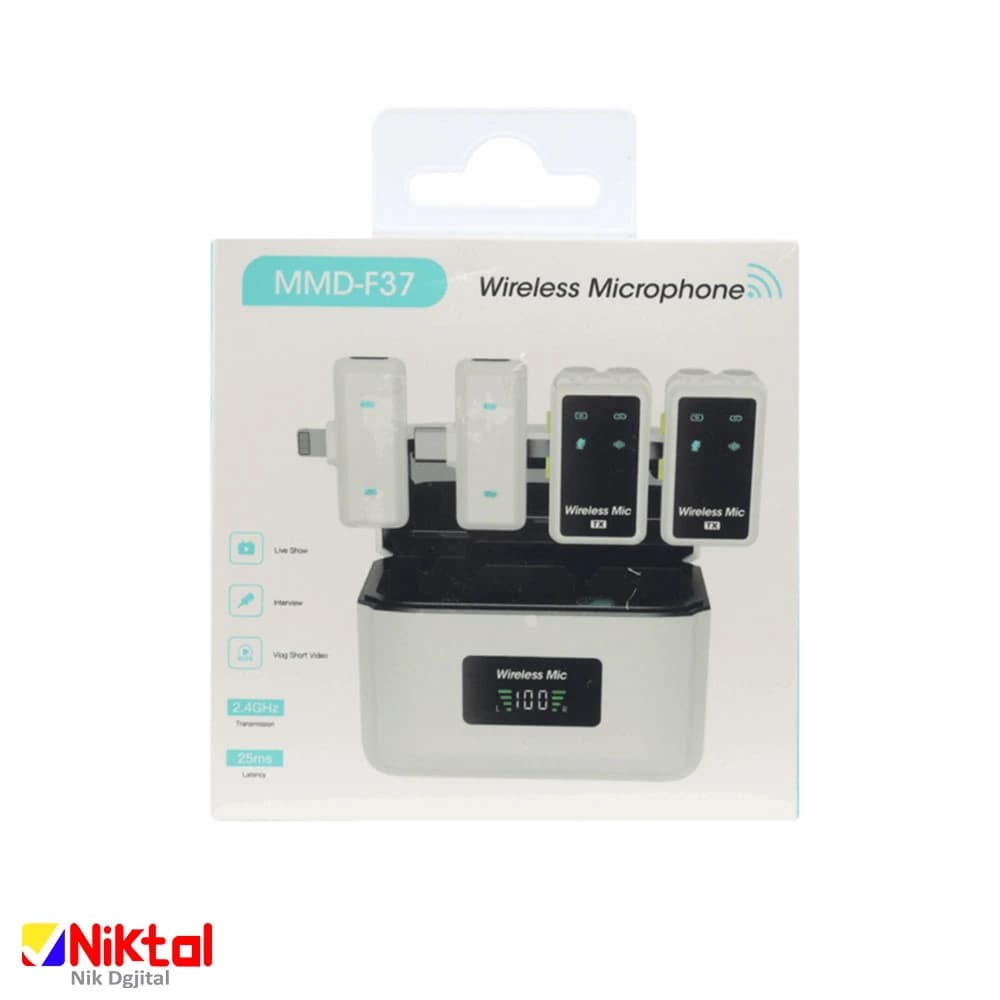میکروفون یقه ای حرفه‌ای بی‌سیم مدل MMD-F37 | ست دو عددی با اتصال Type-C و Lightning برای محتواسازان — تصویر ۶