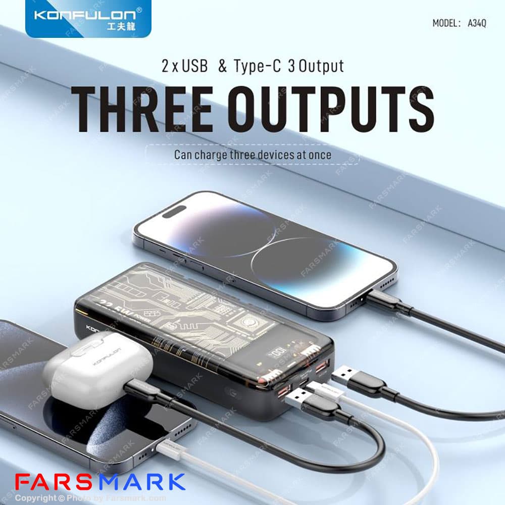 پاوربانک اصلی کانفلون Konfulon A34Q 20000mAh 22.5W — تصویر ۴