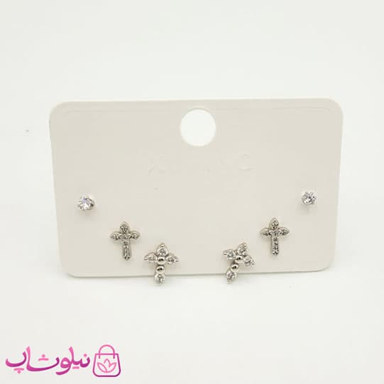 گوشواره میخی ژوپینگ سه سوراخ مدل صلیب نقره ای کد 2191