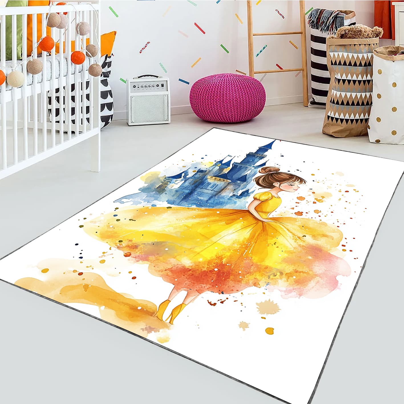 فرش چاپی طرح پرننس با لباس طلایی و زمینه قصر روی ابرها HQ-3260