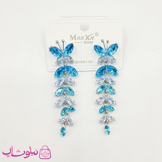 گوشواره بلند دخترانه طرح پروانه با کریستالهای آبی سفید کد 1588
