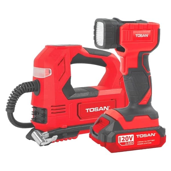 کیت کمپرسور فندکی براشلس و چراغ قوه شارژی توسن 20 ولت مدل 9799