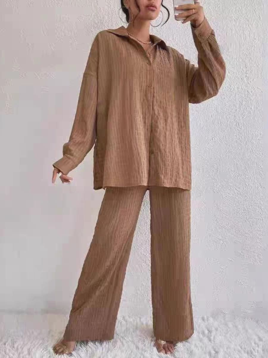 ست قواره دار شومیز دو تیکه جلو دکمه و شلوار دخترانه و زنانه تک رنگ کد 5265 — تصویر ۴