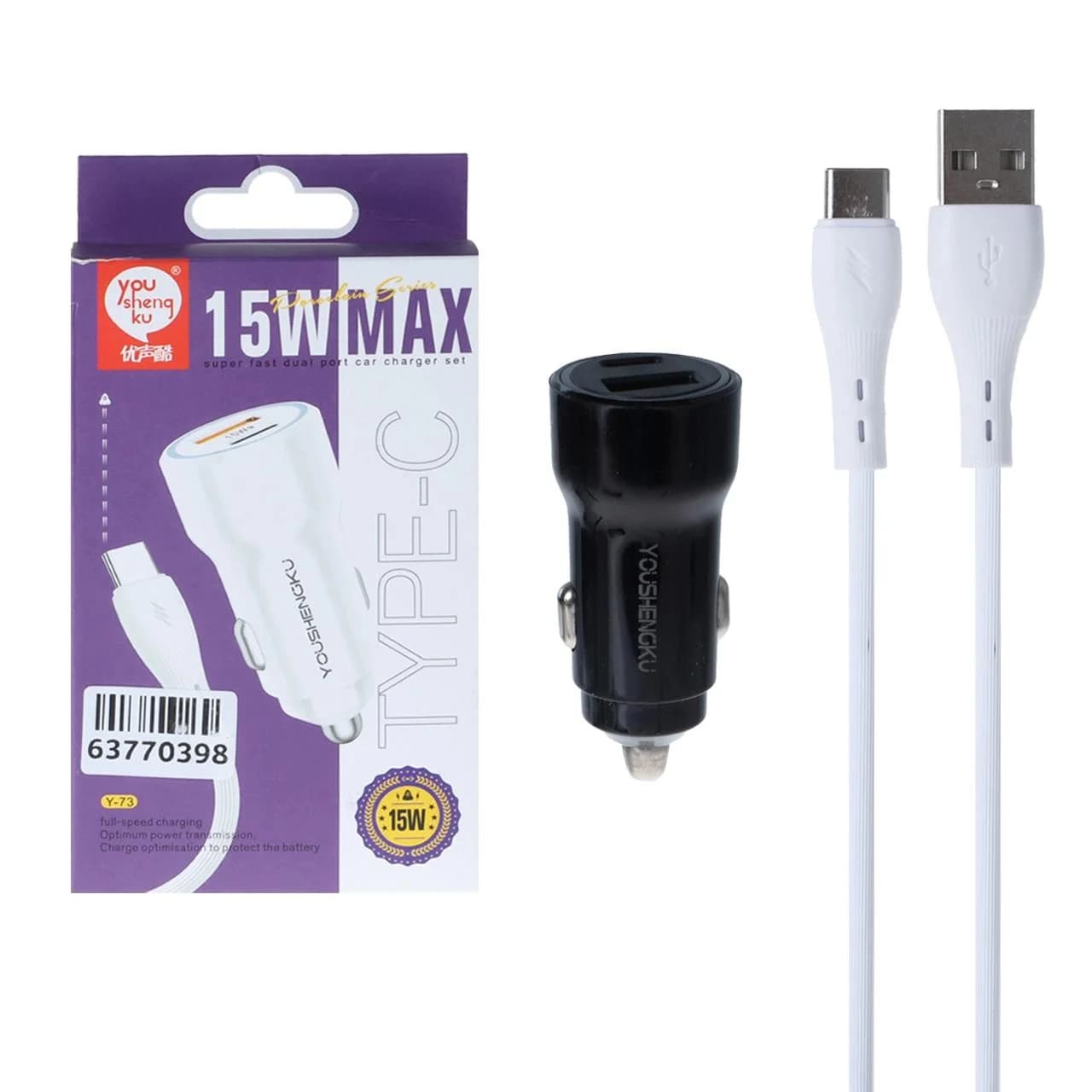 شارژر فندکی فست دو پورت You Sheng Ku مدل Y-73 15W به همراه کابل شارژ Type-C – مشکی – ASP (گارانتی شش ماهه آروین)
