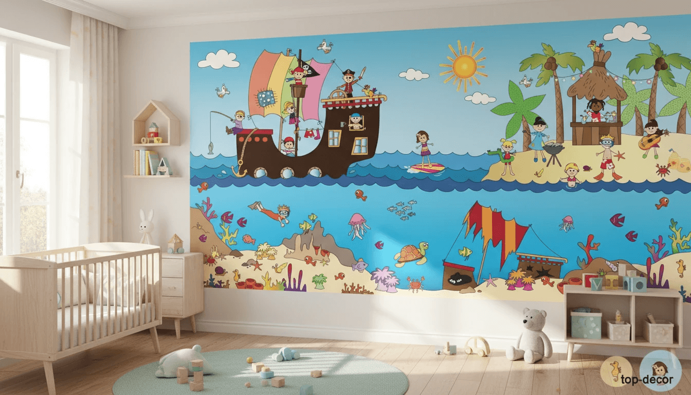 پوستر دیواری کودکانه جزیره دزدان دریایی و دنیای زیر آب (Kids Pirate Island Wall Poster) — تصویر ۲