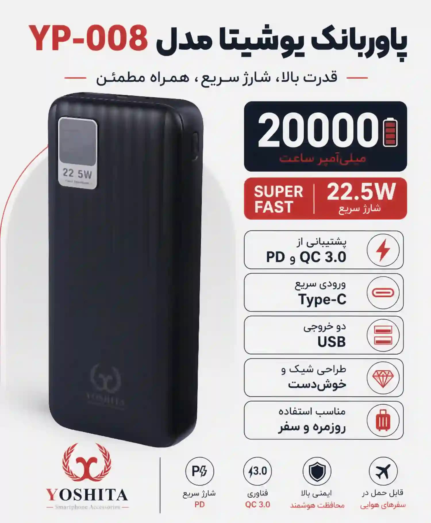 شارژر همراه یوشیتا مدل YP-008 ظرفیت 20000 میلی آمپر — تصویر ۵