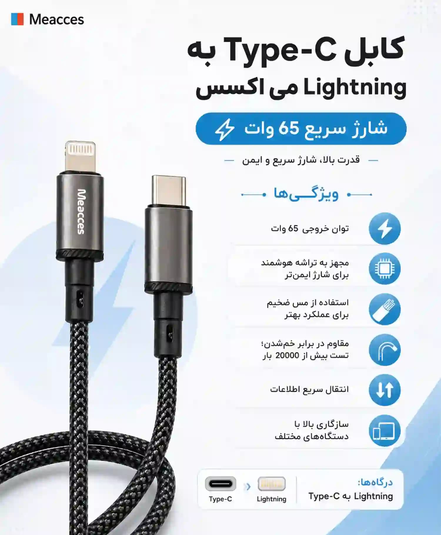 کابل تبدیل Type-C به Lightning می اکسس مدل C50 — تصویر ۴