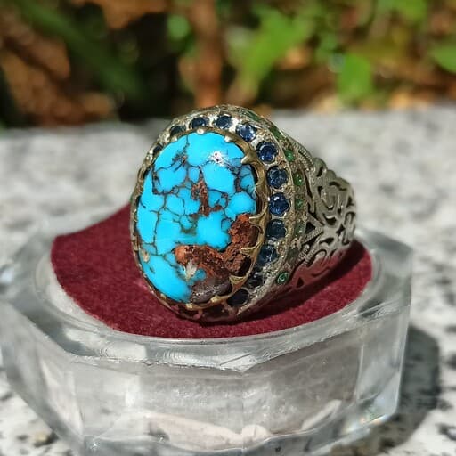 انگشتر فیروزه نقره کار دست فیروزه اصل نیشابوری محک عنکبوتی طبیعی — تصویر ۳