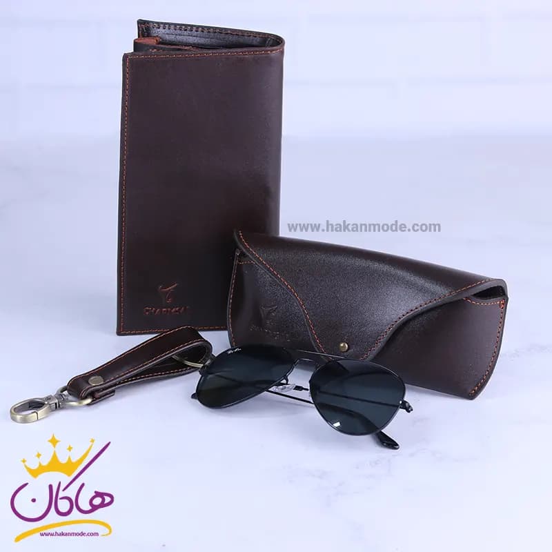 ست کیف کتی چرم و عینک مردانه چرمسال قهوه ای 180/2 — تصویر ۲
