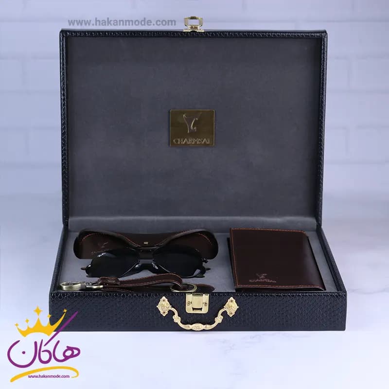 ست کیف کتی چرم و عینک مردانه چرمسال قهوه ای 180/2 — تصویر ۵