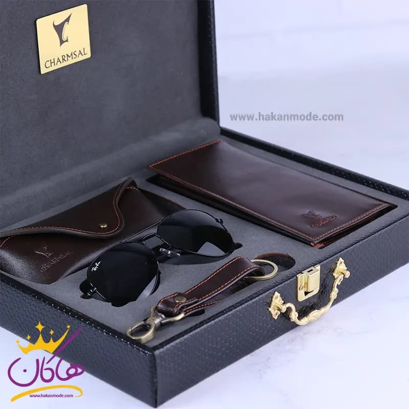 ست کیف کتی چرم و عینک مردانه چرمسال قهوه ای 180/2