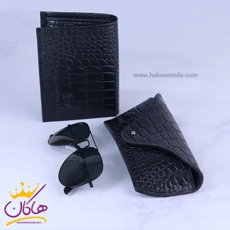 ست کیف چرم و عینک مردانه چرمسال مشکی 181/1 — تصویر ۲