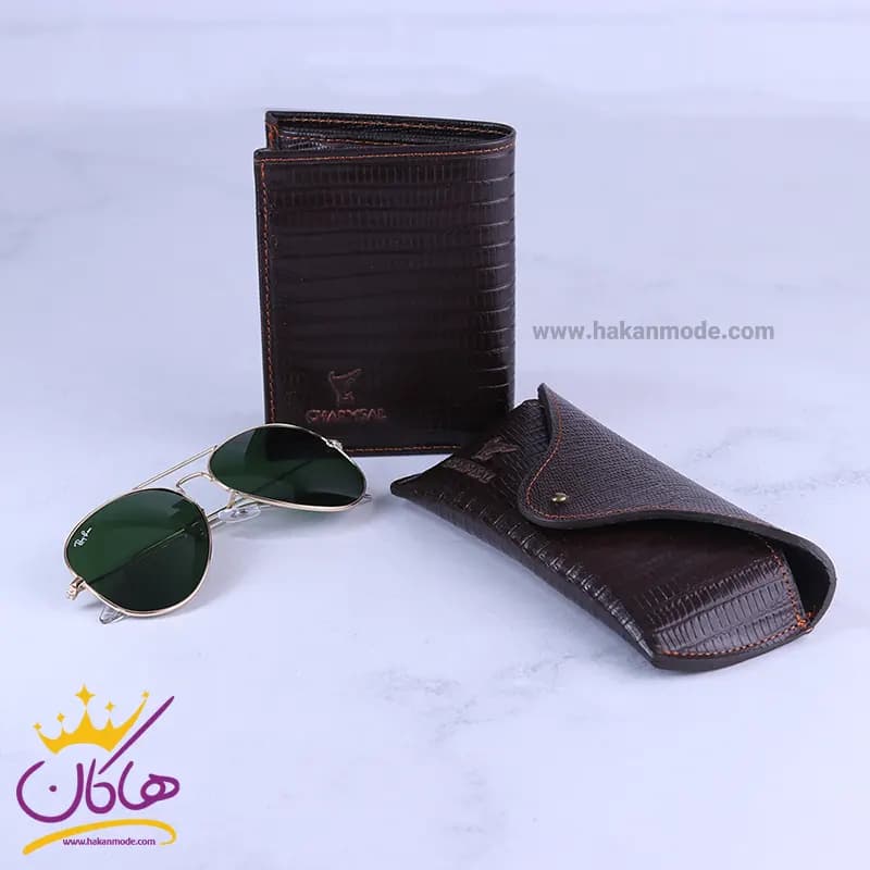 ست کیف چرم و عینک مردانه چرمسال قهوه ای 181/2 — تصویر ۲