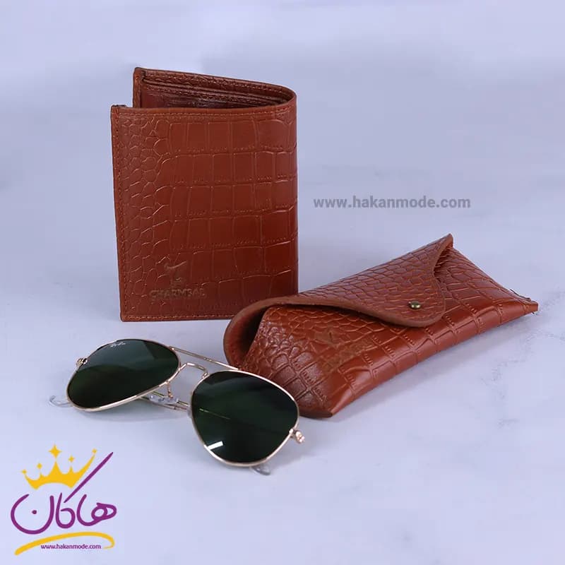 ست کیف چرم و عینک مردانه چرمسال عسلی 181/3 — تصویر ۴
