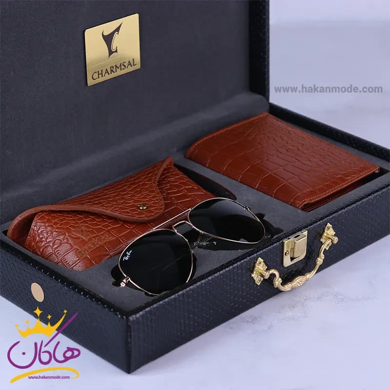 ست کیف چرم و عینک مردانه چرمسال عسلی 181/3