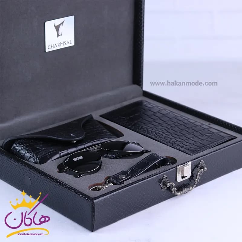 ست کیف کتی چرم و عینک مردانه چرمسال مشکی 182/1