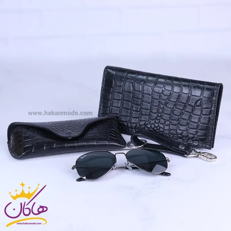 ست کیف کتی چرم و عینک مردانه چرمسال مشکی 182/1 — تصویر ۲