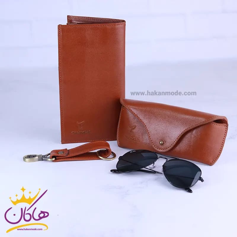 ست کیف کتی چرم و عینک مردانه چرمسال عسلی 180/3 — تصویر ۲