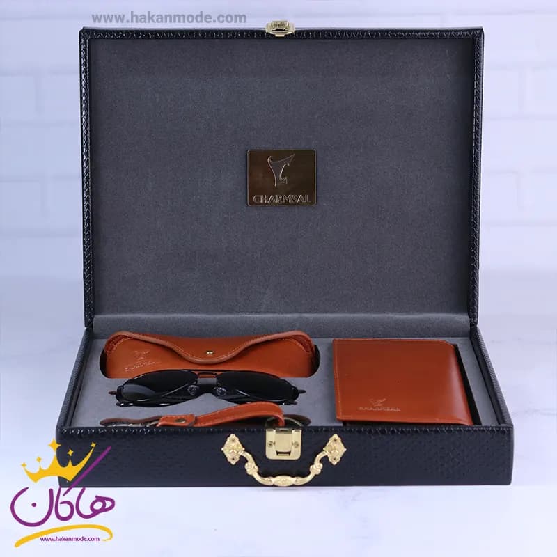 ست کیف کتی چرم و عینک مردانه چرمسال عسلی 180/3 — تصویر ۶