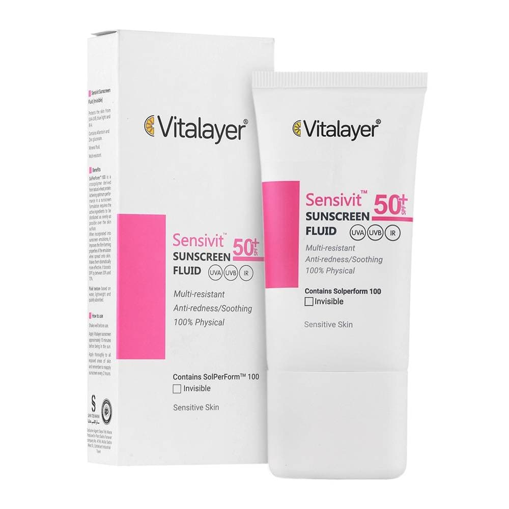فلوئید ضد آفتاب +SPF50 سنسی ویت بی رنگ ویتالیر 50 میلی لیتر