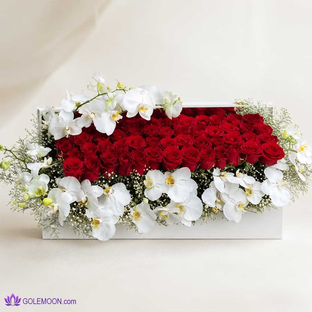 باکس عاشقانه 40 شاخه رز و ارکیده لاکچری