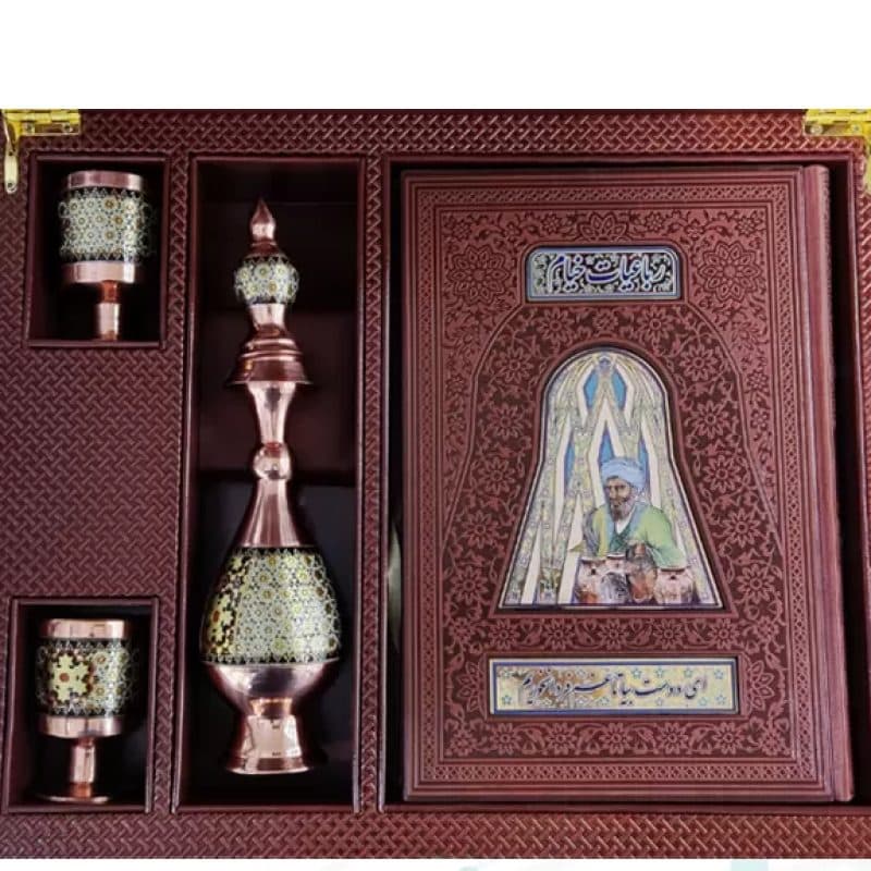 خیام وزیری مصور چرم با گلدان تنگ و جام خاتم — تصویر ۴