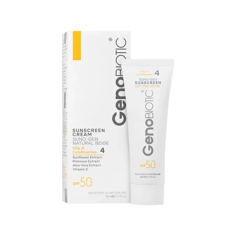کرم ضد آفتاب SPF50 ژنوبایوتیک مناسب پوست چرب و مختلط بژ طبیعی 50 گرم