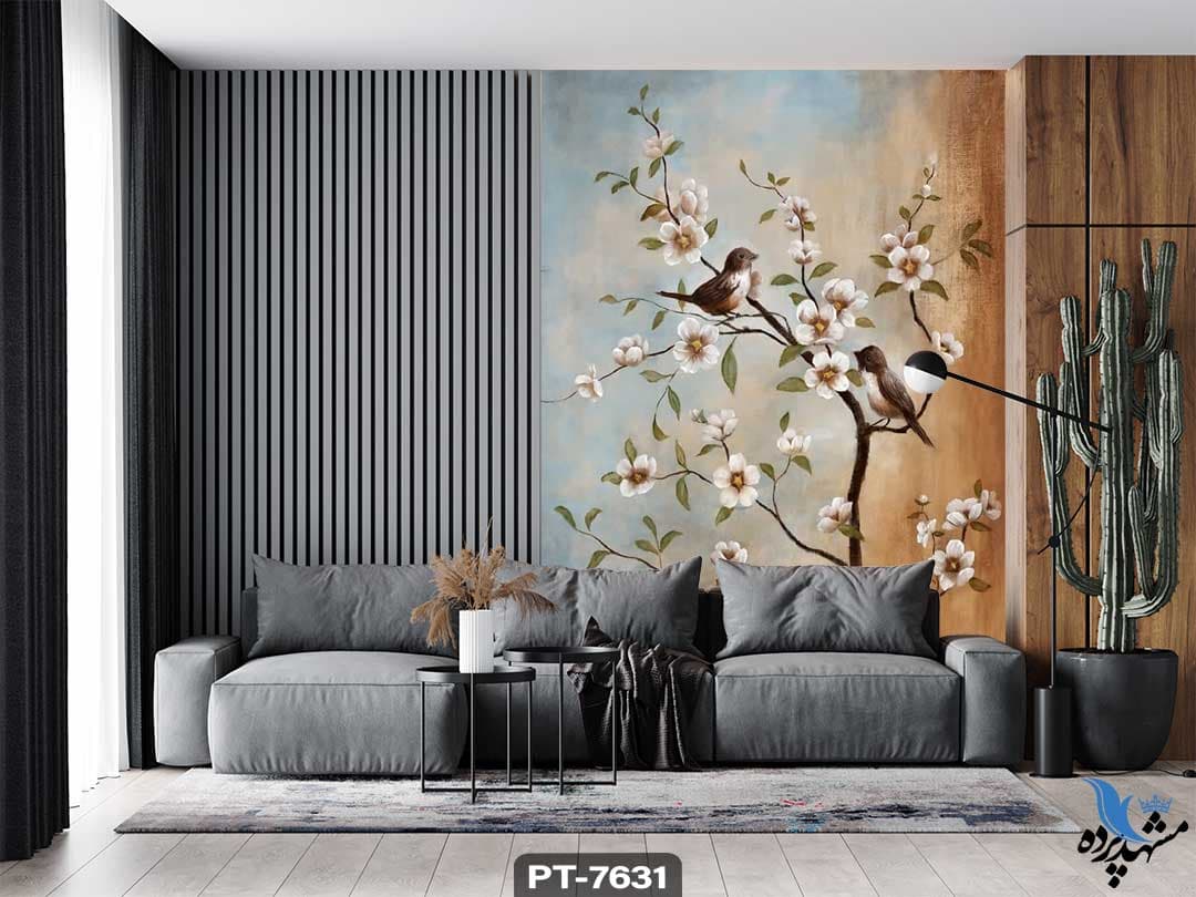 پوستر دیواری نقاشی طرح گنجشک و شکوفه کد PT7631