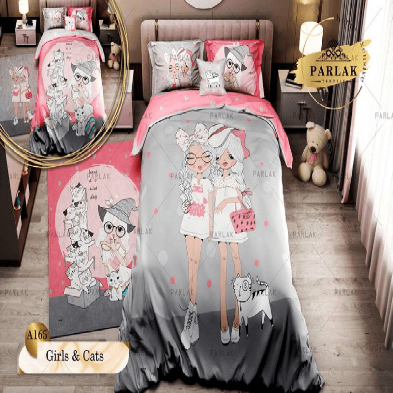 سرویس روتختی پارلاک یکنفره دو رو مدل girls & cats کد A-165