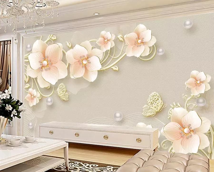 کاغذ دیواری سه بعدی گلهای گلبهی و پروانه