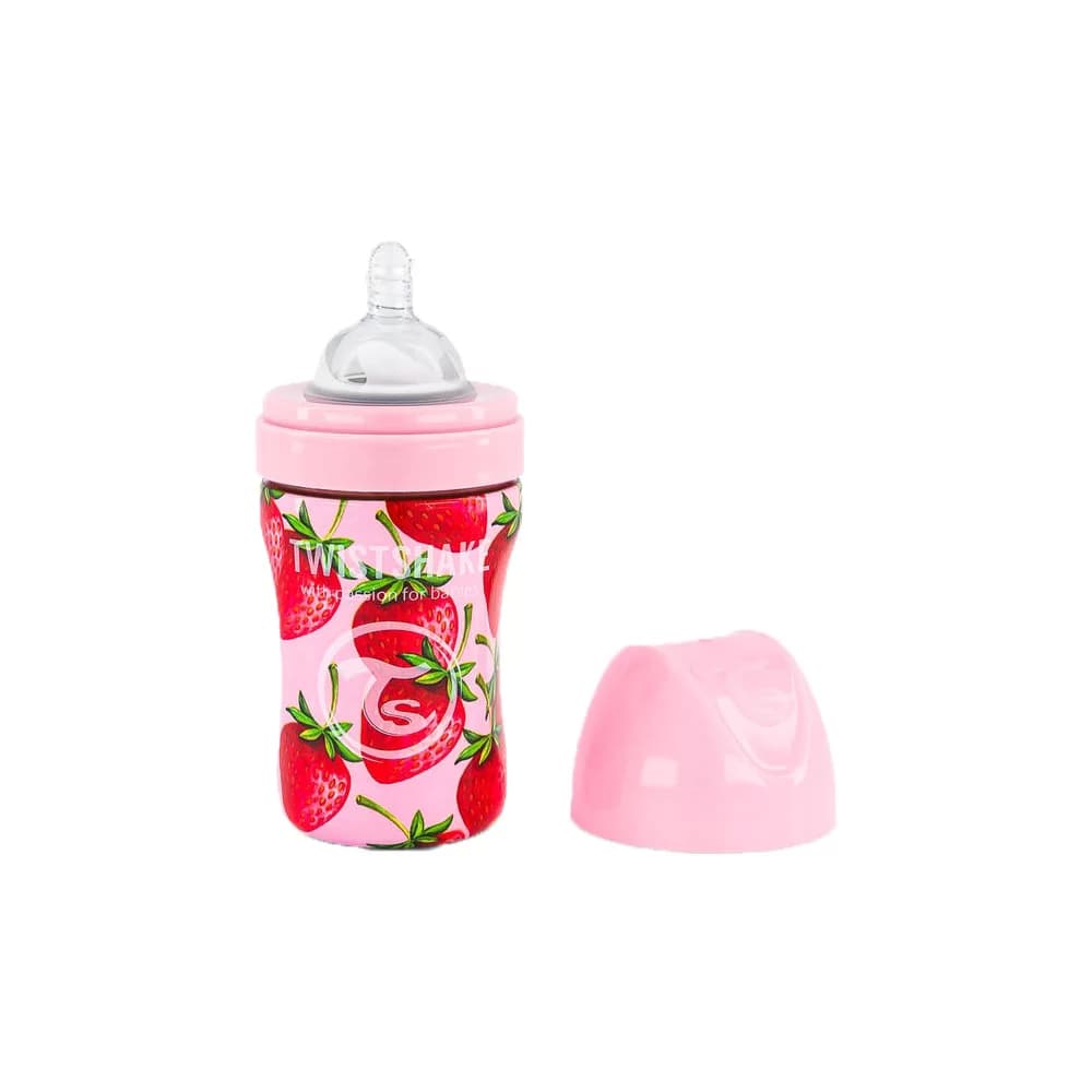 شیشه شیر استیل 260 میلی لیتر طرح توت فرنگی تویست شیک twistshake