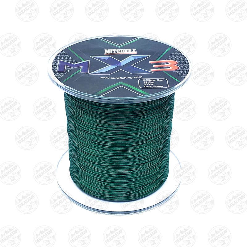 نخ براید ماهیگیری MITCHELL MX3 X8 رنگ سبز ۳۰۰ متر سایز ۰/۱۶ — تصویر ۳