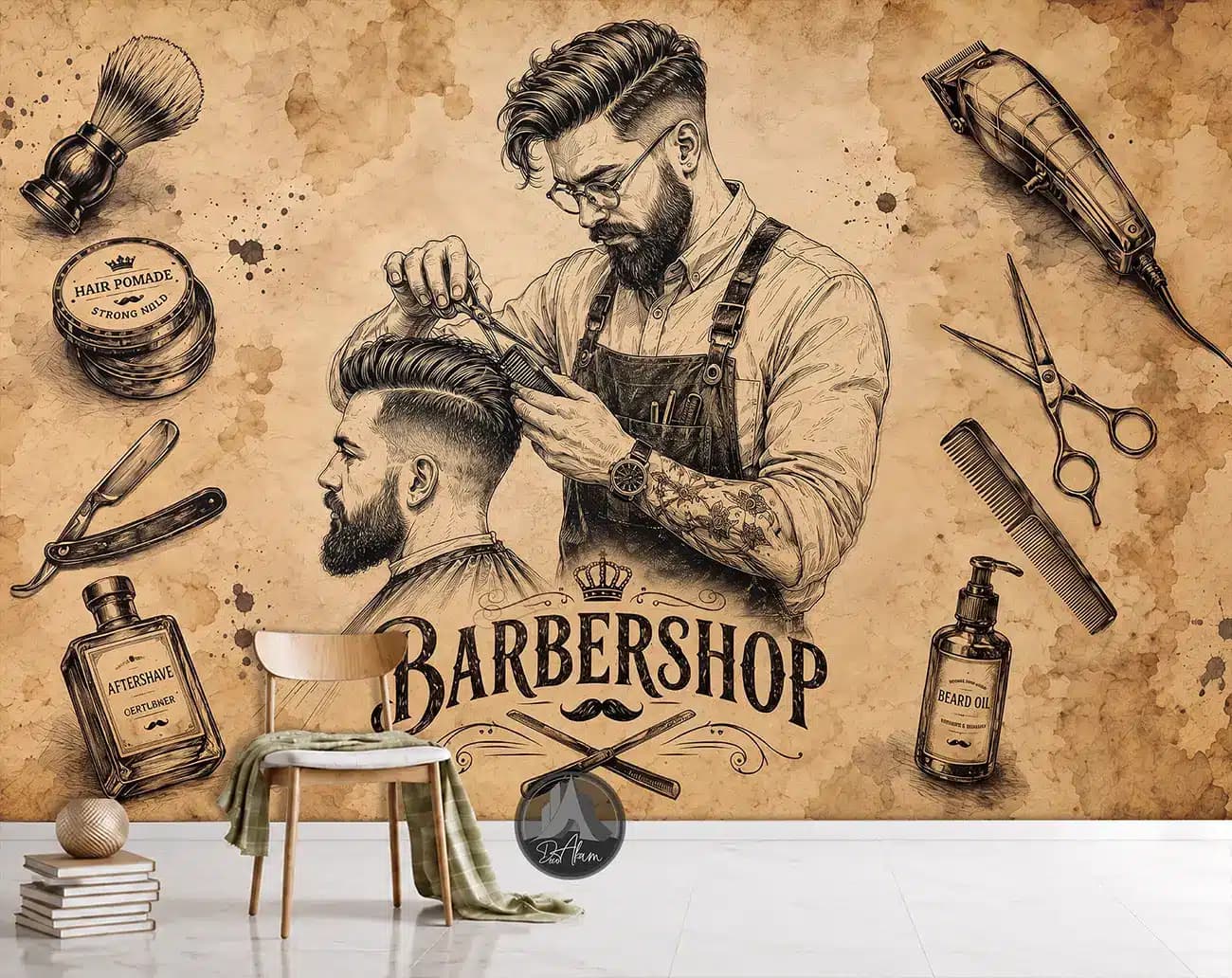 پوستر دیواری آرایشگاه مردانه با طراحی اسکچ و ابزار پیرایش کد DA-(7055) | دکور وینتیج