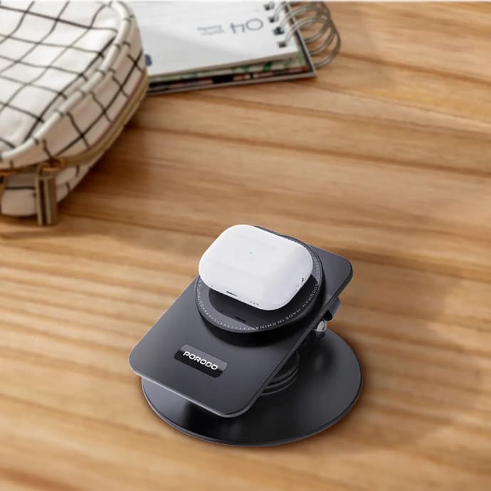 شارژر وایرلس پرودو مدل Porodo 115W Portable Metal Foldable Charging Station 360° Stand | PD-FWCH035-BK — تصویر ۶