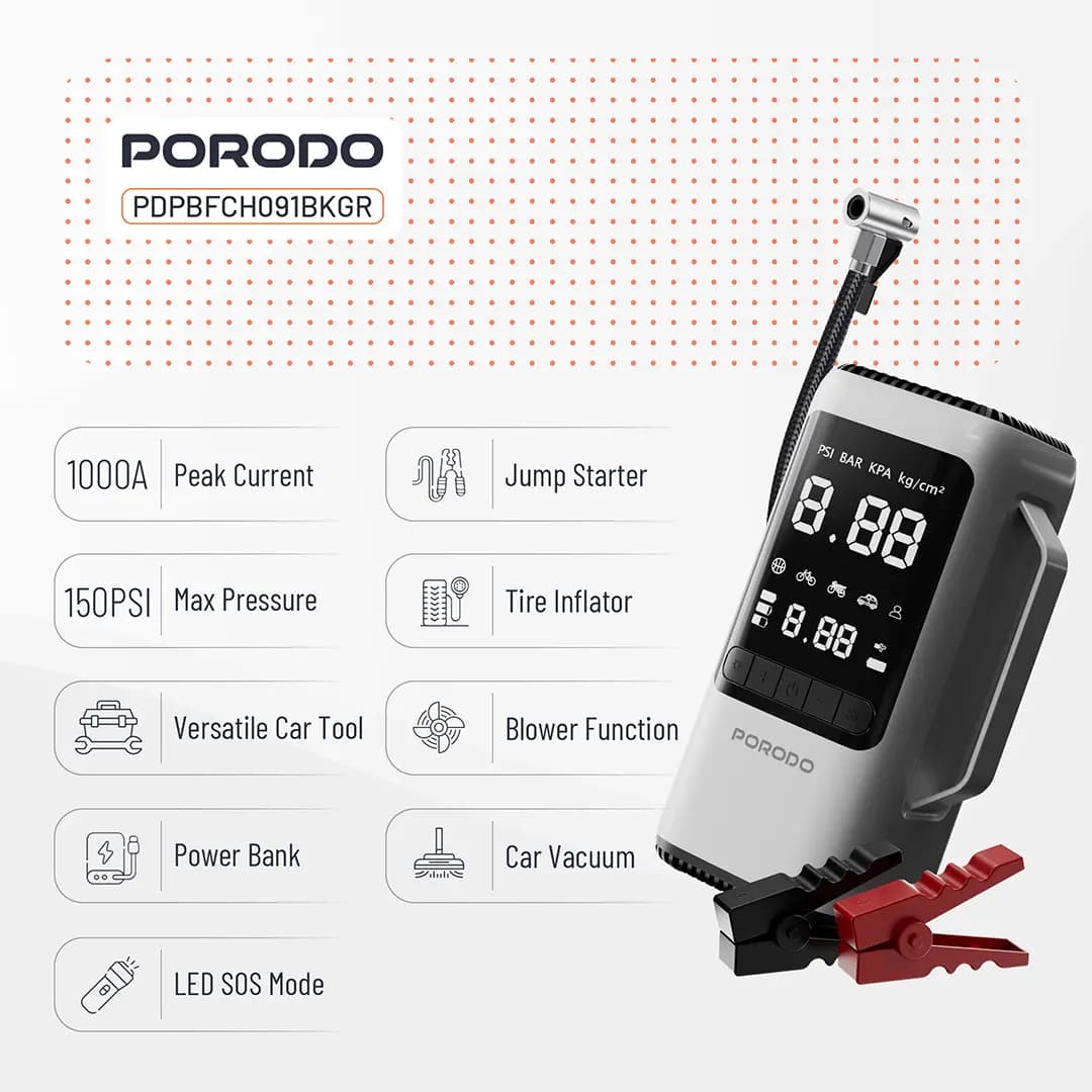 جامپ استارتر و پمپ باد و دمنده مکنده پرودو Porodo 6-in-1 Multi Function Power Tool PDPBFCH091 — تصویر ۱۰