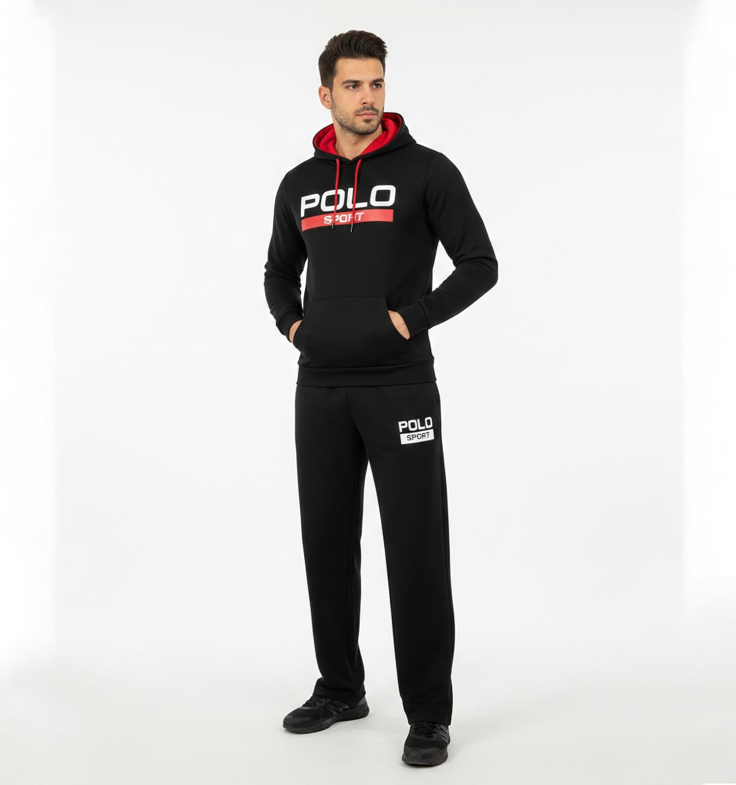 ست هودی و شلوار مردانه نرمال طرح دار اسپان مشکی Polo کد 49381 — تصویر ۲