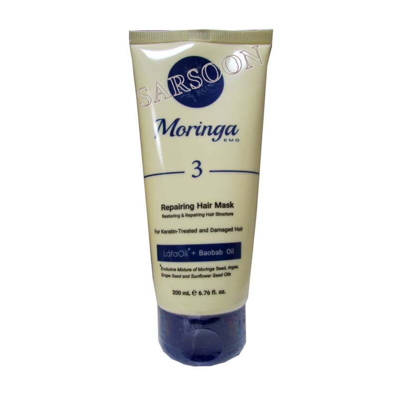ماسک مو ترمیم کننده 3 مورینگا امو مناسب موهای کراتینه و آسیب دیده Moringa Emo Repairing Hair Mask For Keratin Treated Hair Structure 200 ml