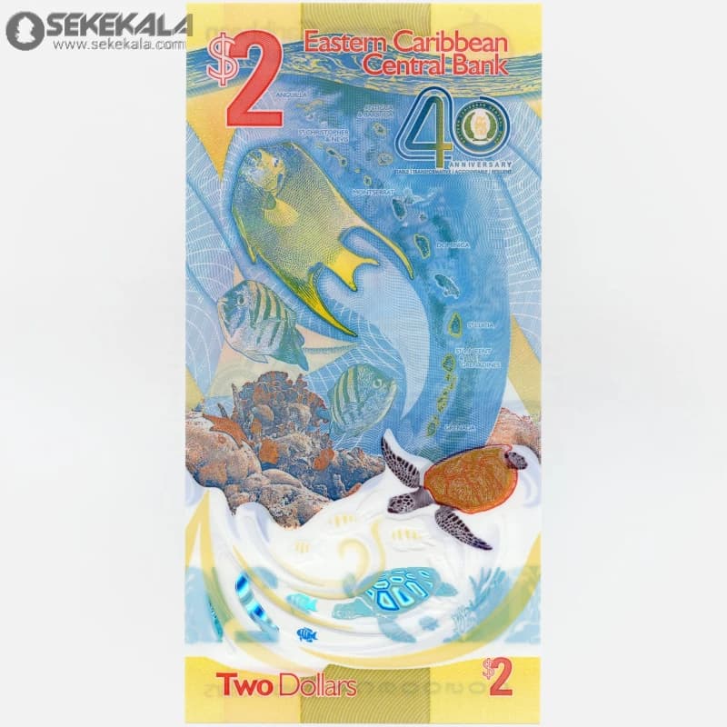 اسکناس 2 دلار پلیمری کارائیب شرقی 2023 (چارلز سوم)(UNC) — تصویر ۲